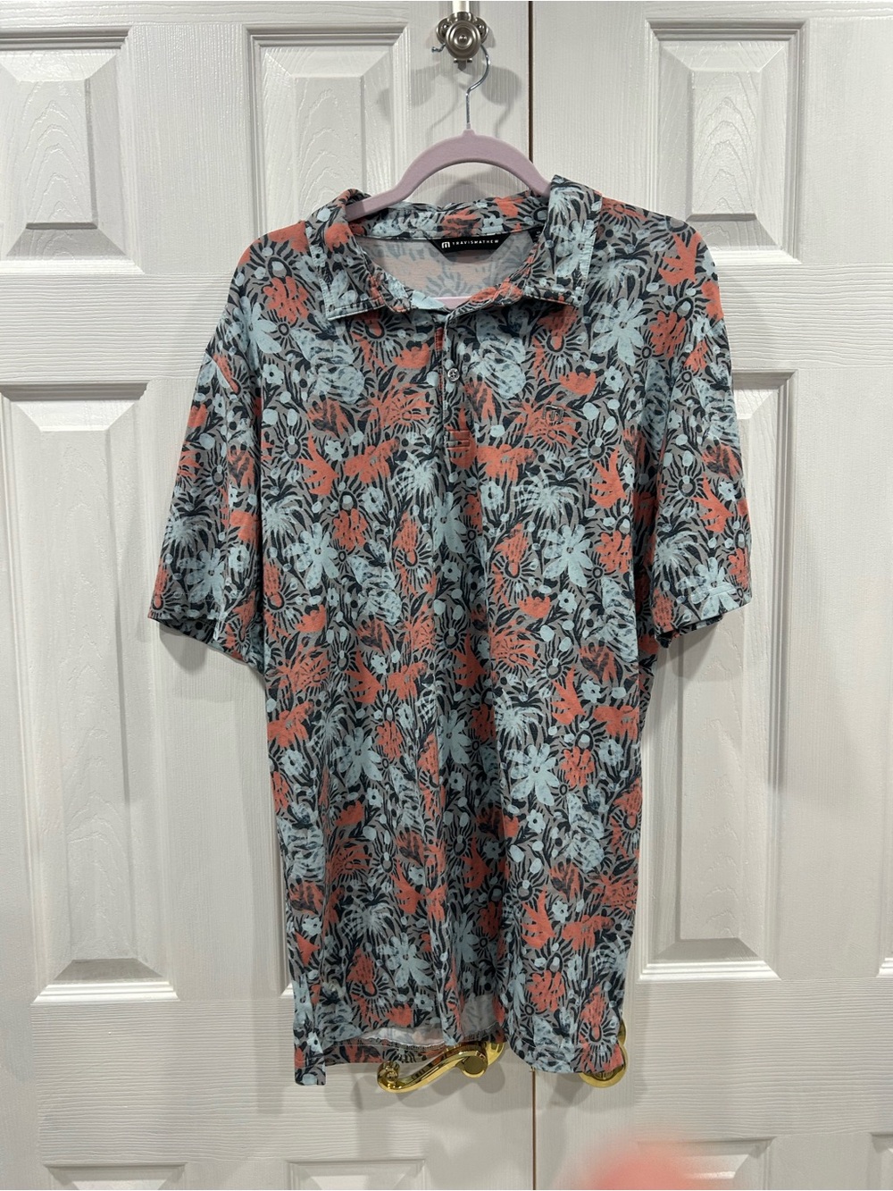 TravisMathew Coral & Light Blue Tropical Print Polo